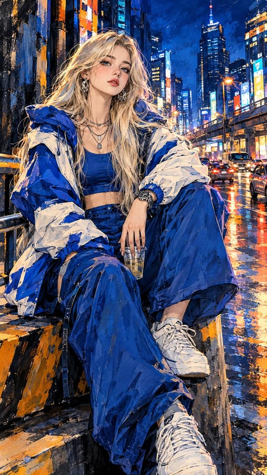 نمونهٔ 未来都市夜景时尚女性插画｜电影感油画风