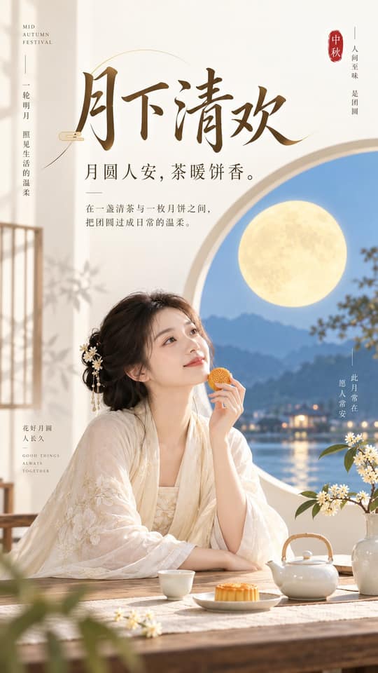 نمونهٔ 东方禅意极简中秋生活美学封面海报提示词