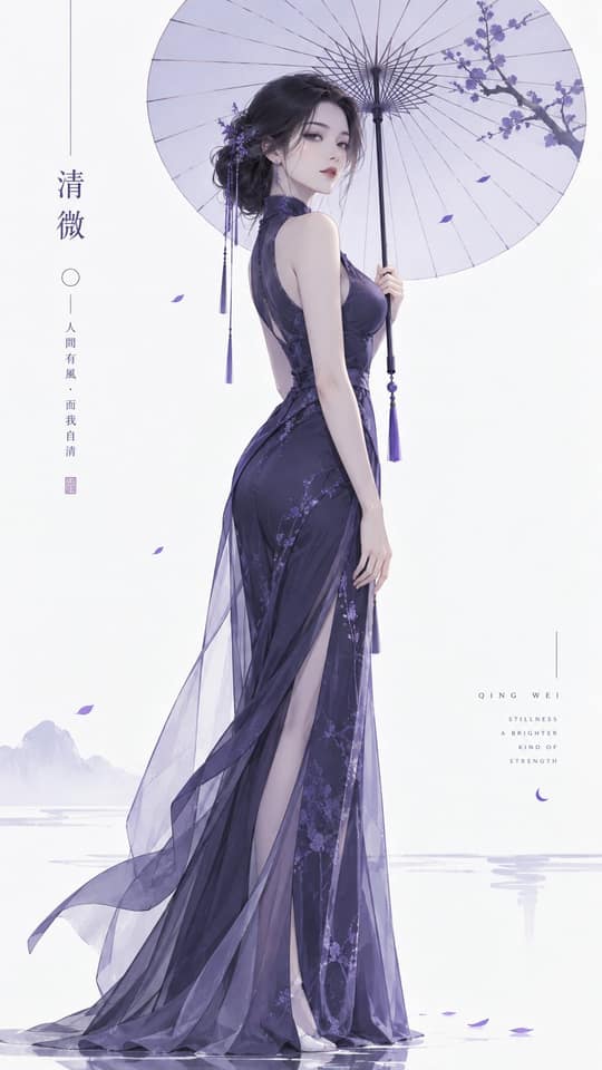 نمونهٔ 东方女性极简纸伞人像插画｜清冷紫调曲线美学