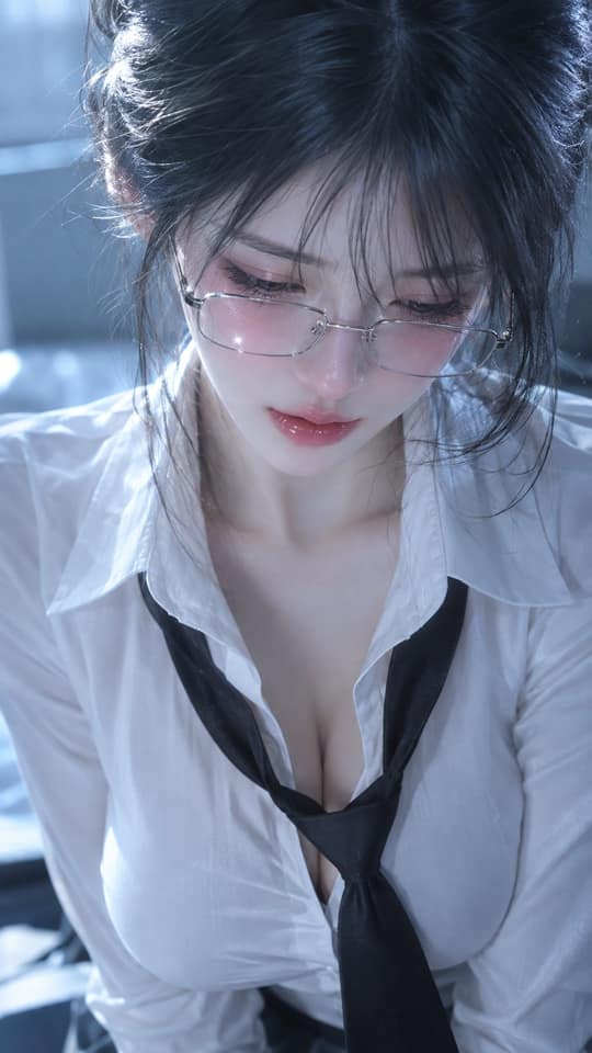نمونهٔ 冰蓝冷调清冷禁欲系眼镜少女电影感人像摄影提示词