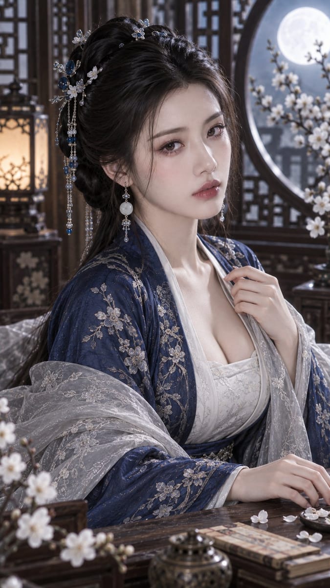 群青映月·古风清冷高级美妆特写提示词