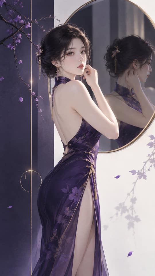 نمونهٔ 东方女性高级立绘｜极简圆镜前整理耳饰