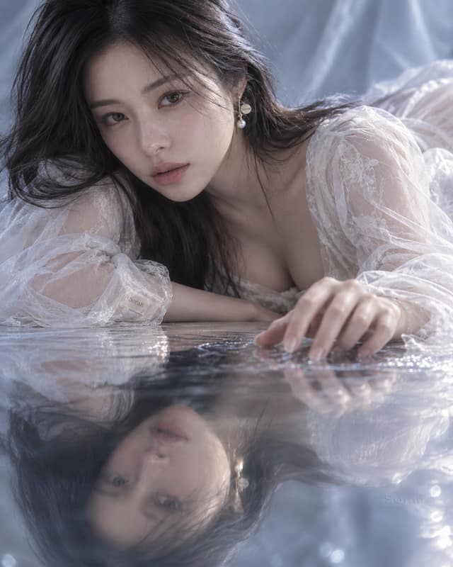 نمونهٔ 写实梦感人像：安静克制的东亚女性反光倒影摄影提示词