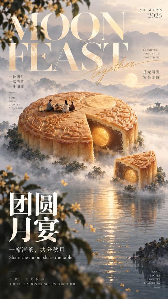 نمونهٔ 高级现代东方中秋艺术海报生成指令：巨物尺度×Editorial排版