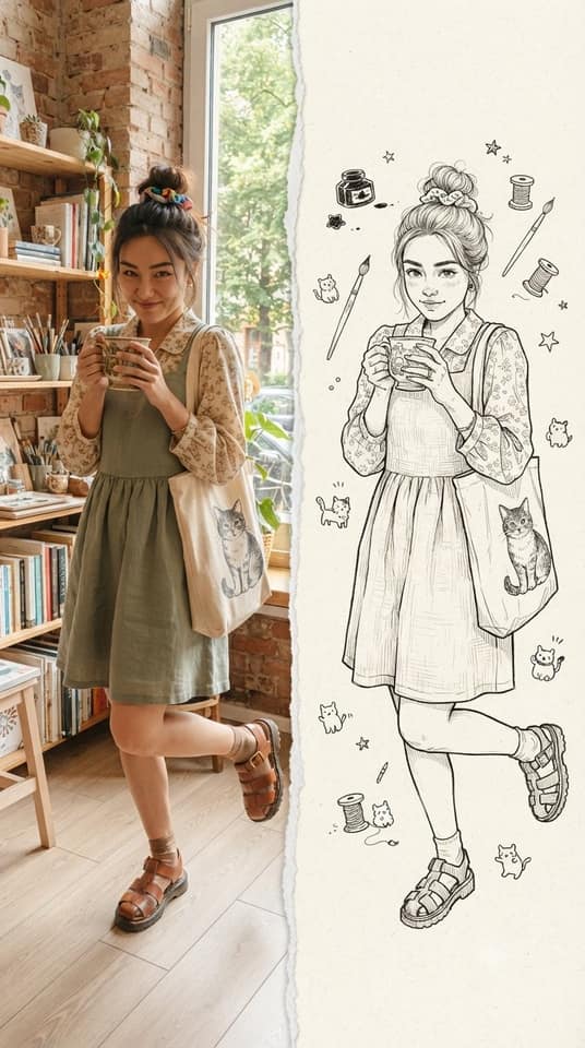 نمونهٔ 撕纸分屏！写实人像与线稿插画一键对比生成