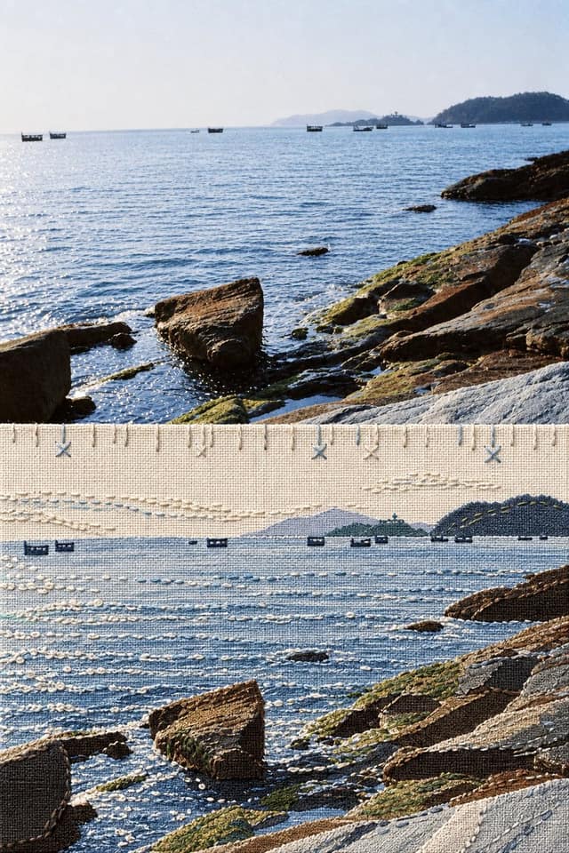 نمونهٔ 富士织物拼接旅行转绘海报｜照片一键重构手作纺织拼贴
