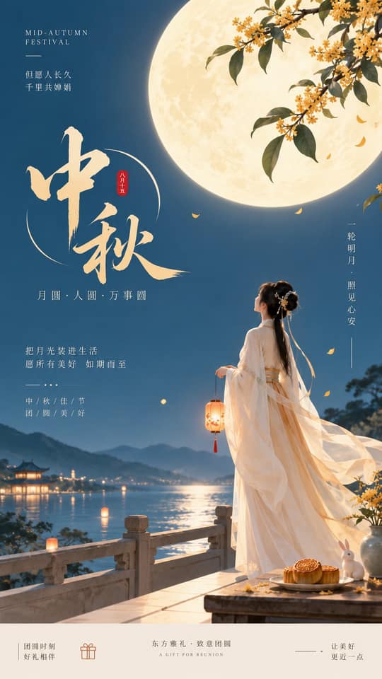 نمونهٔ 东方禅意极简中秋海报｜古风女子望月提示词