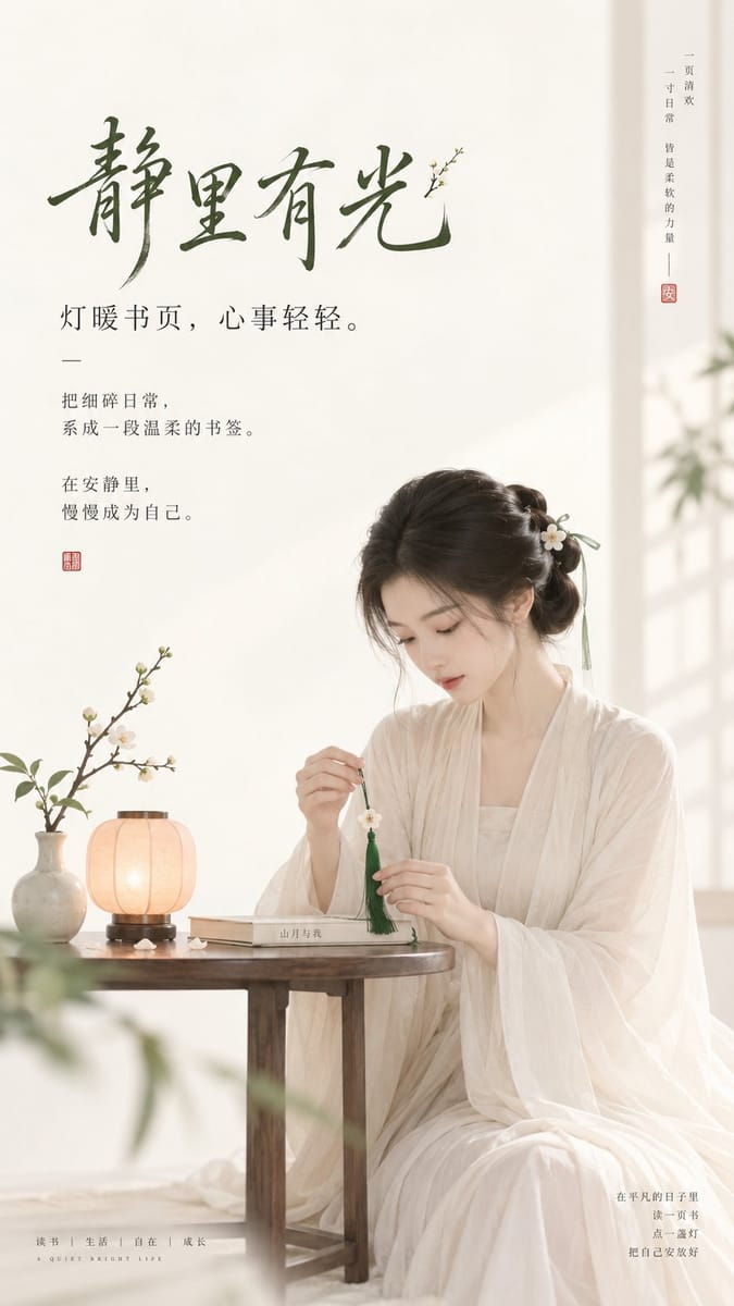 东方禅意极简｜女性古风封面海报提示词