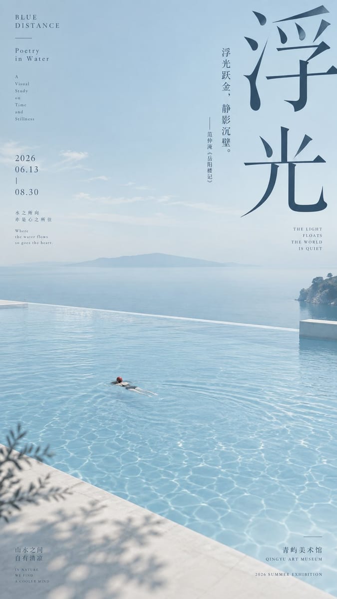 东方诗境极简文化海报提示词:冷蓝朱红诗词排版