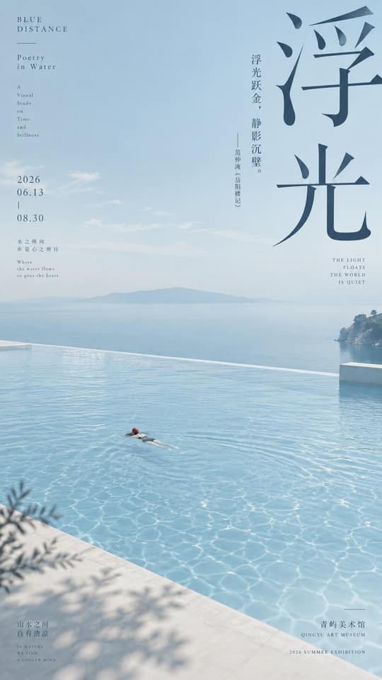 نمونهٔ 东方诗境极简文化海报提示词：冷蓝朱红诗词排版