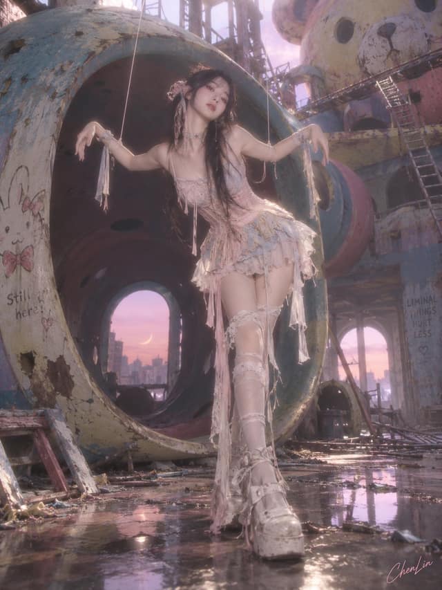 نمونهٔ 废土童话人偶少女：粉色废墟末世浪漫写真