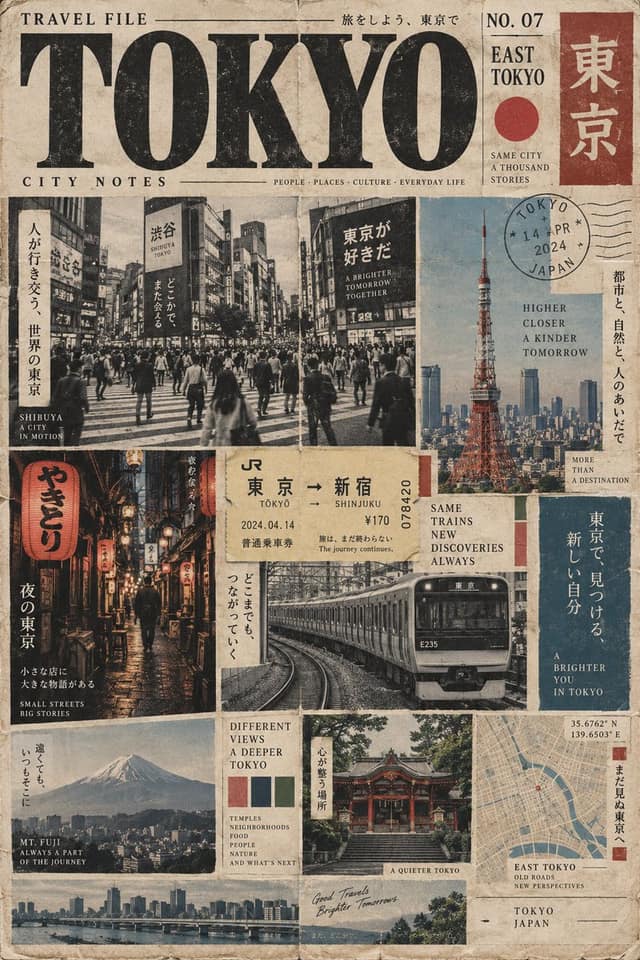 نمونهٔ 复古独立旅行报纸拼贴海报｜城市主题提示词