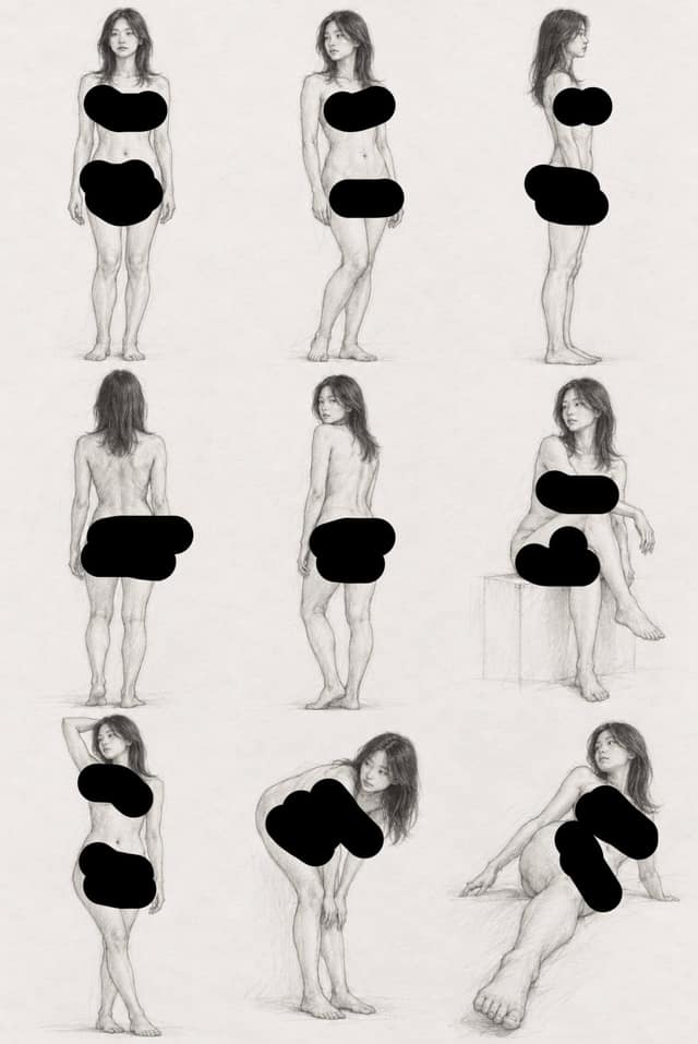 نمونهٔ 日本美术大学生命素描女性人体速写提示词