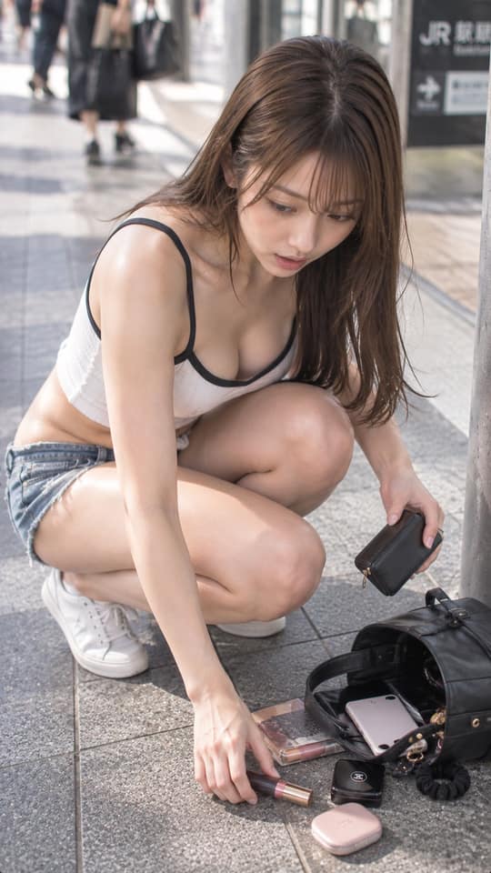 نمونهٔ 车站抓拍：捡拾散落物品的深棕发少女