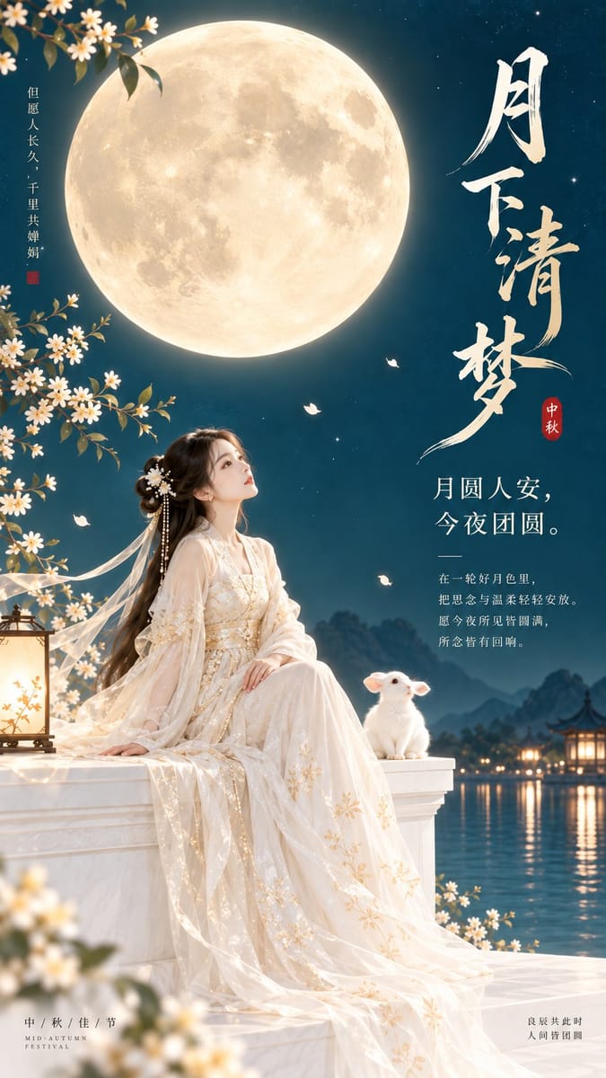 东方禅意极简中秋梦感封面海报提示词(9:16)