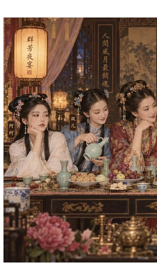نمونهٔ 鹿鼎记群芳夜宴：清代工笔八人群像长卷