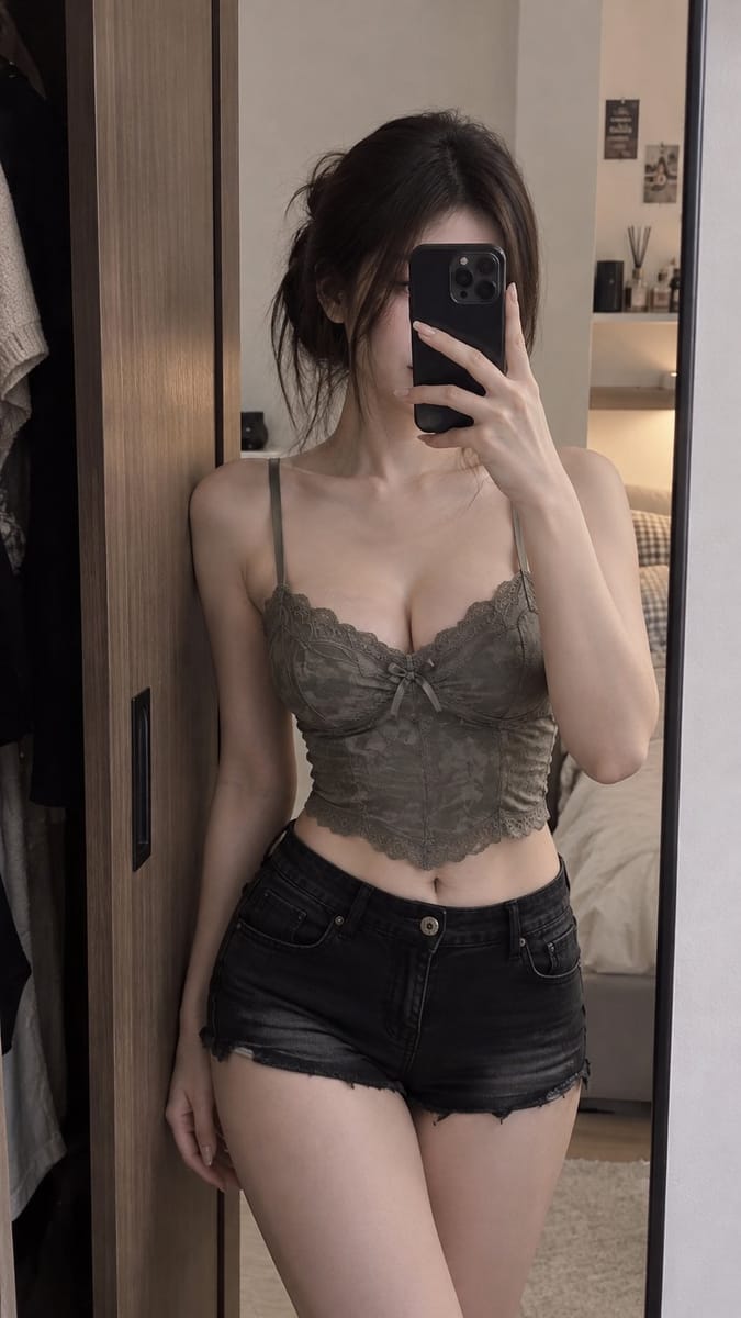 卧室镜前自拍橄榄绿蕾丝少女｜电影感写实AI人像