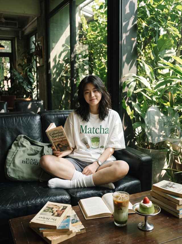 نمونهٔ 绿植咖啡馆看书的亚洲女性写真提示词