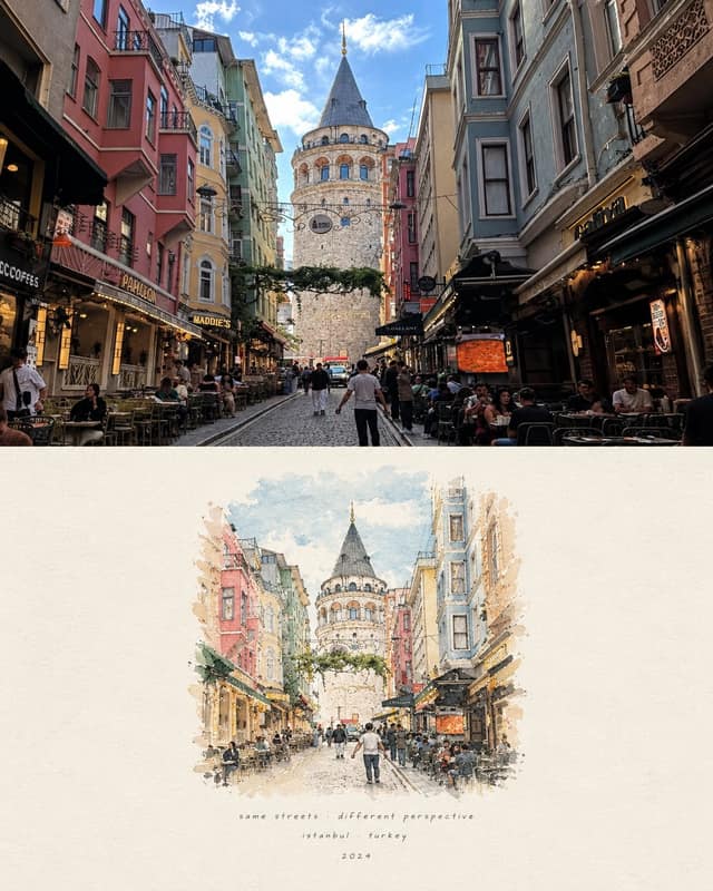 نمونهٔ 极简社论风旅行海报：照片+水彩插画双拼设计