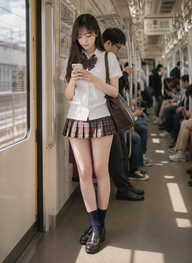 نمونهٔ 日本通勤电车制服少女看手机写真提示词