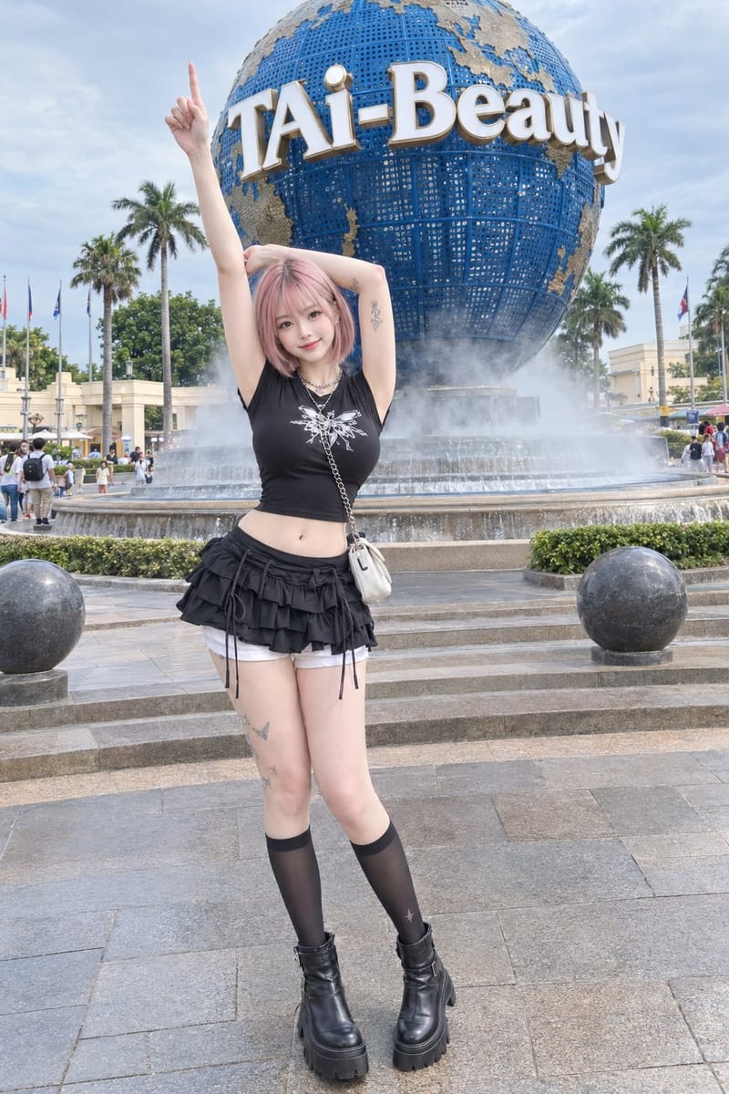 粉色短发少女主题乐园全身街拍写真提示词
