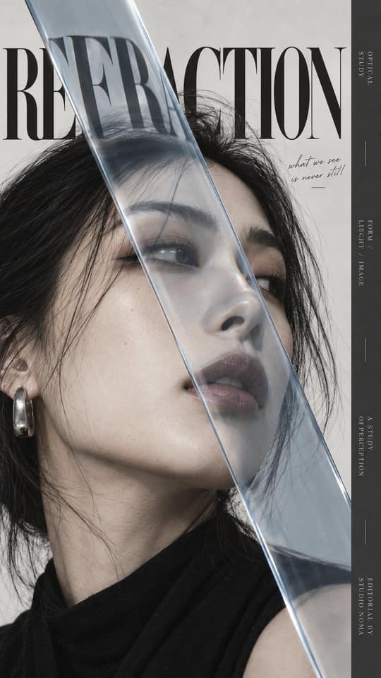 نمونهٔ 高级时装编辑排版海报｜人像摄影×排版交互提示词