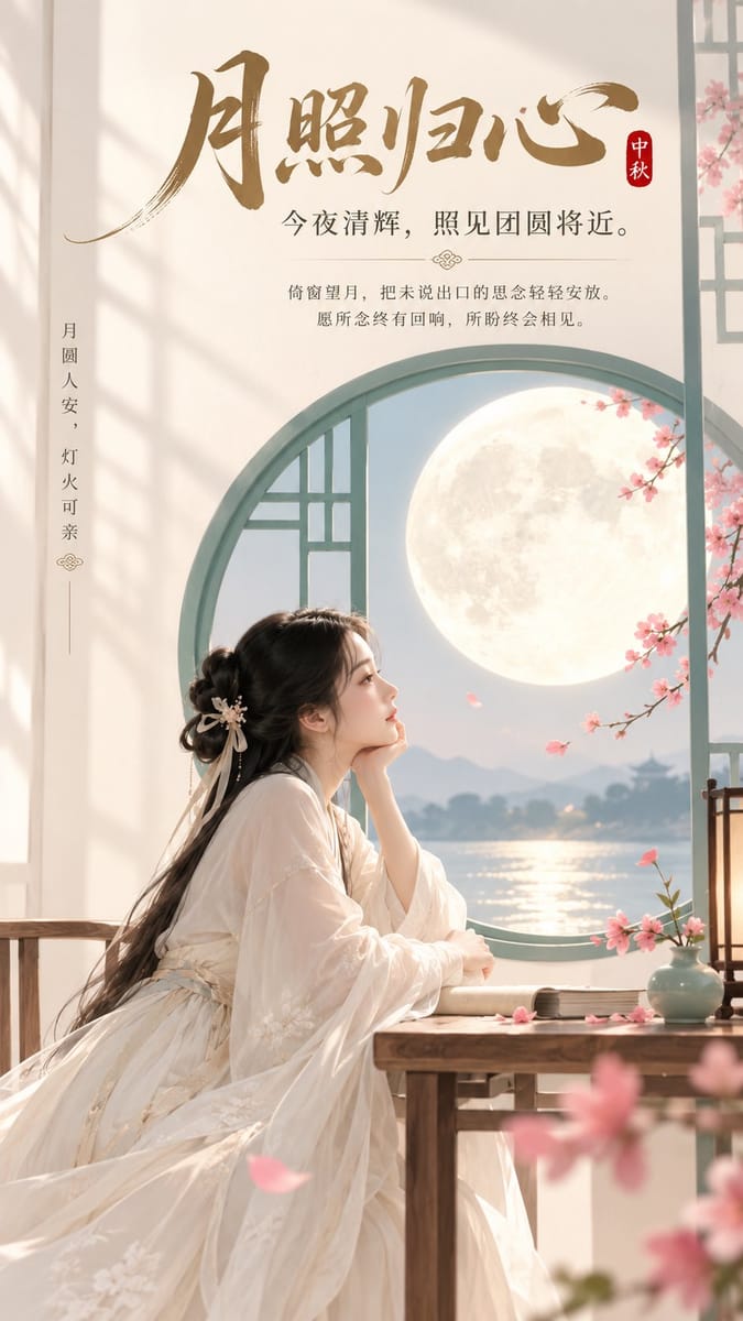 东方禅意极简中秋女性向封面海报|9:16新中式古风提示词