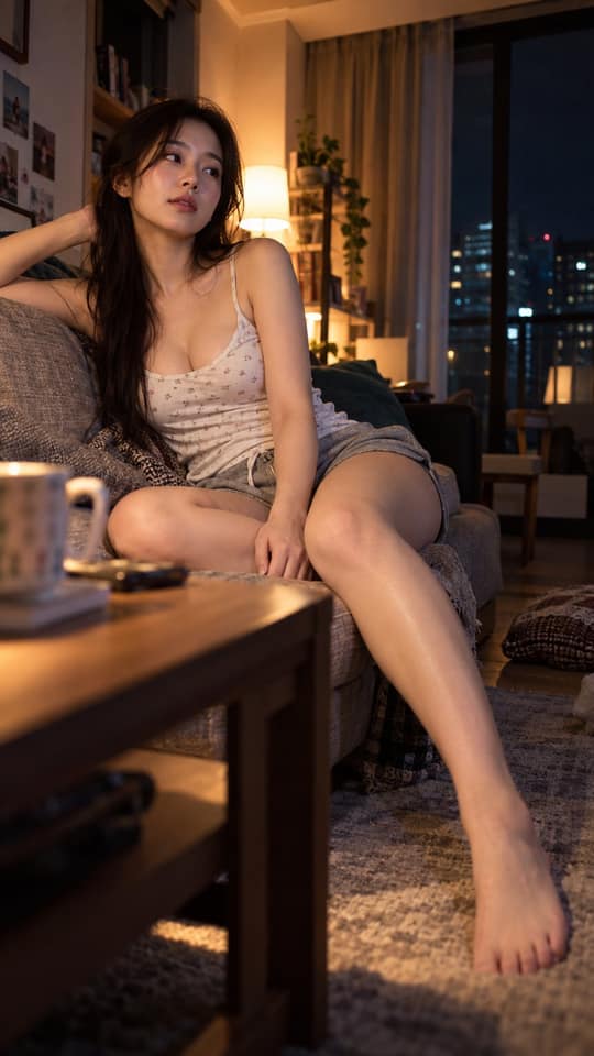 نمونهٔ 深夜居家写实抓拍：亚裔女性生活化人像