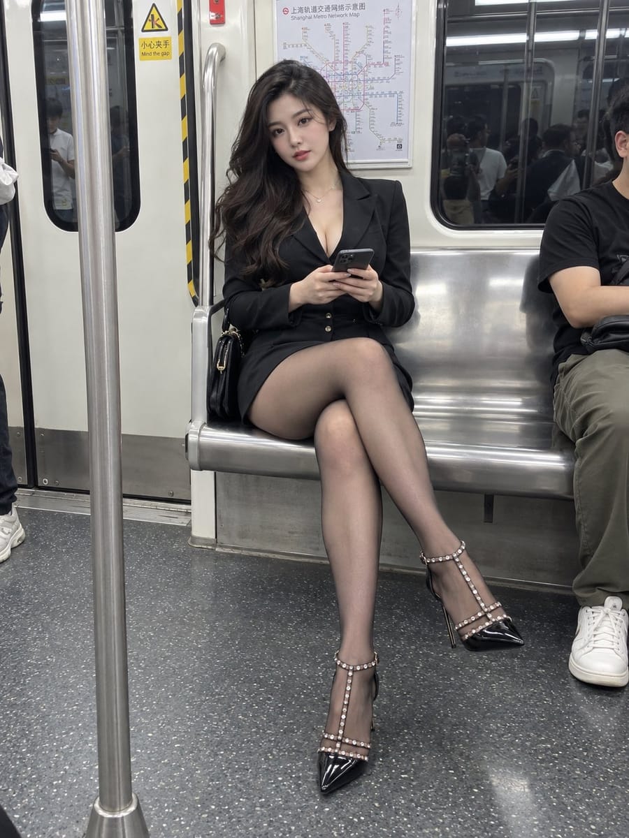 超写实地铁车厢都市女性随手拍|人像摄影提示词