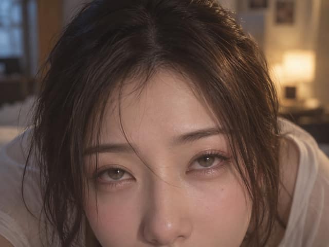نمونهٔ 电影感东亚女孩弯腰低头特写视角