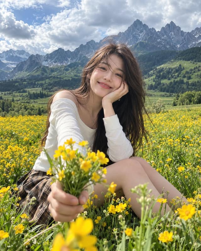نمونهٔ 黄色花海人像｜少女与壮丽山脉的电影感写实摄影
