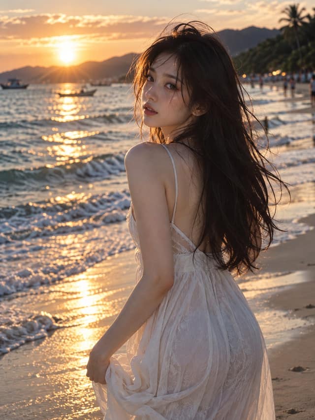 نمونهٔ 海边夕阳回眸·亚洲女性写实人像抓拍