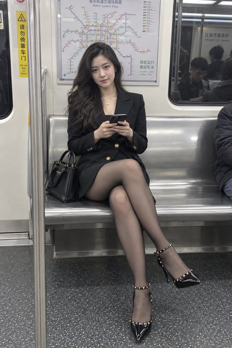 地铁车厢东亚女性手机纪实摄影|真实通勤人像