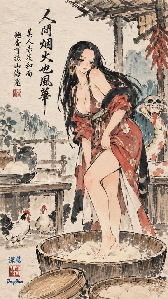 نمونهٔ 丰子恺水墨漫画生成｜宣纸印章题诗落款