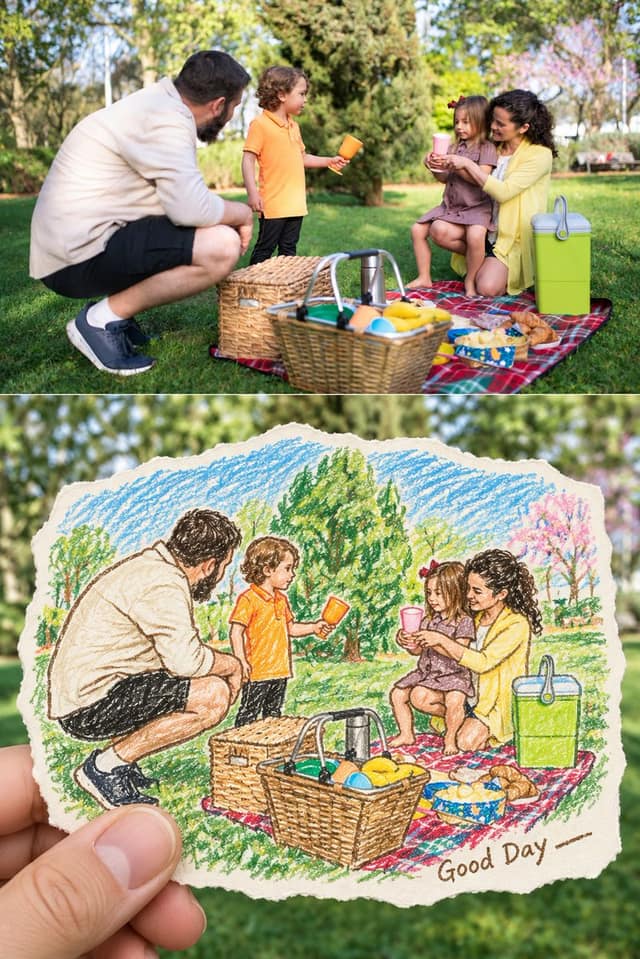 نمونهٔ 实景照片＋手持蜡笔画中画：一键生成旅行记忆卡片