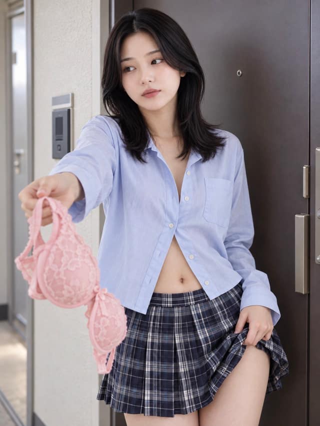نمونهٔ 玄关前递物浅蓝衬衫少女写真提示词