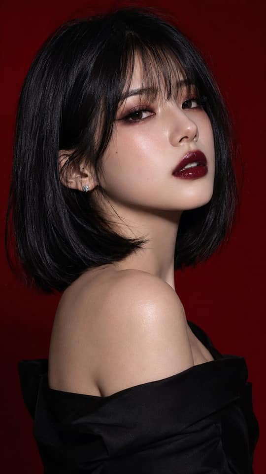 نمونهٔ 深红背景东亚女性电影感美妆肖像——超写实高级时尚Prompt