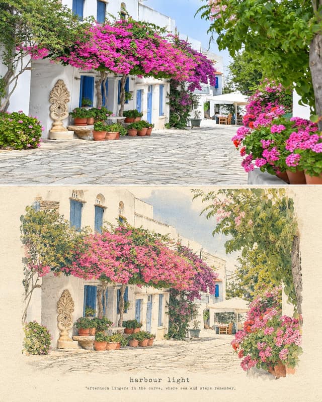 نمونهٔ 极简艺术旅行日志插画对比：照片转复古海报
