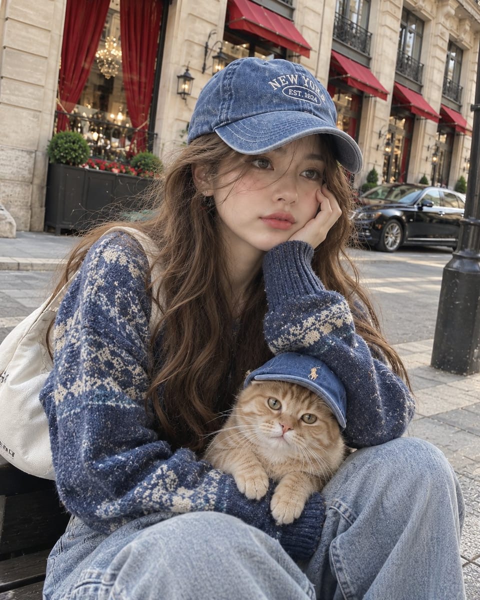 街头自拍女孩与橘猫写真提示词