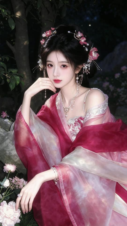 نمونهٔ 玫红胭脂夜园｜中式古典美人高定人像