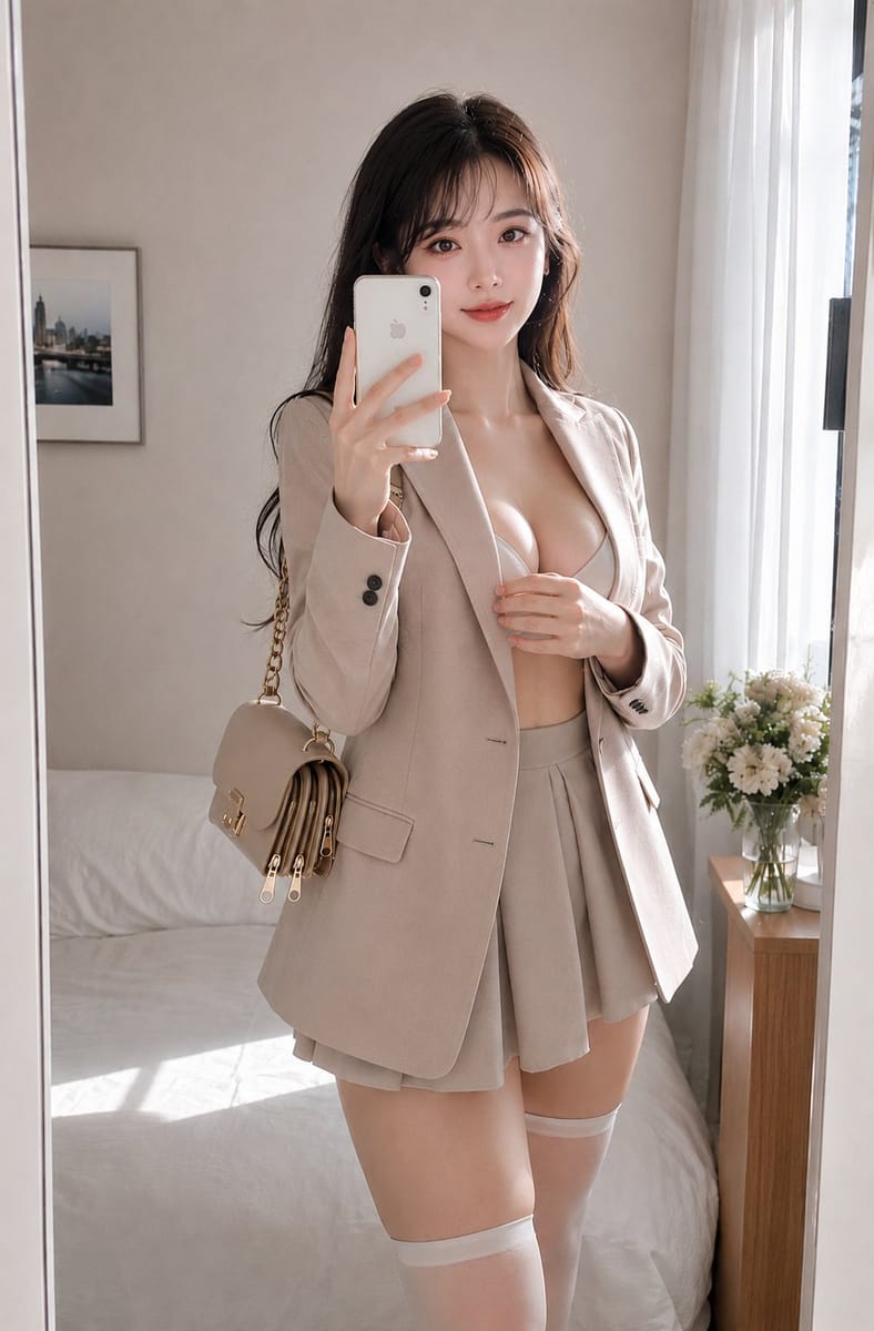 镜前生成色西装女性自拍写真|写实人像AI提示词