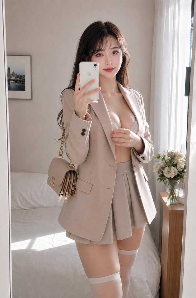 نمونهٔ 镜前生成色西装女性自拍写真｜写实人像AI提示词
