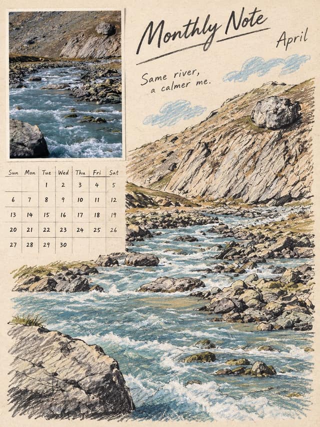 نمونهٔ 手绘日历画册风对比转绘：照片生成暖米色月历插画