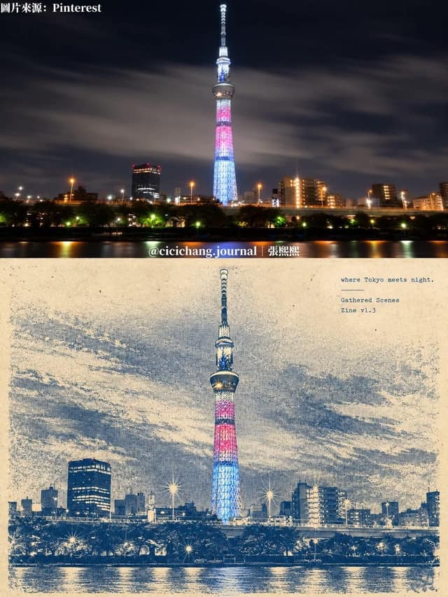 نمونهٔ 复古杂志风东京晴空塔夜景插画