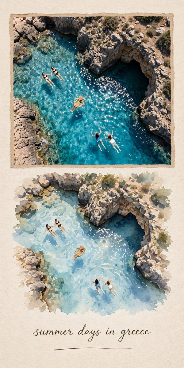 希腊夏日旅行海报|写实照片×水彩日志设计