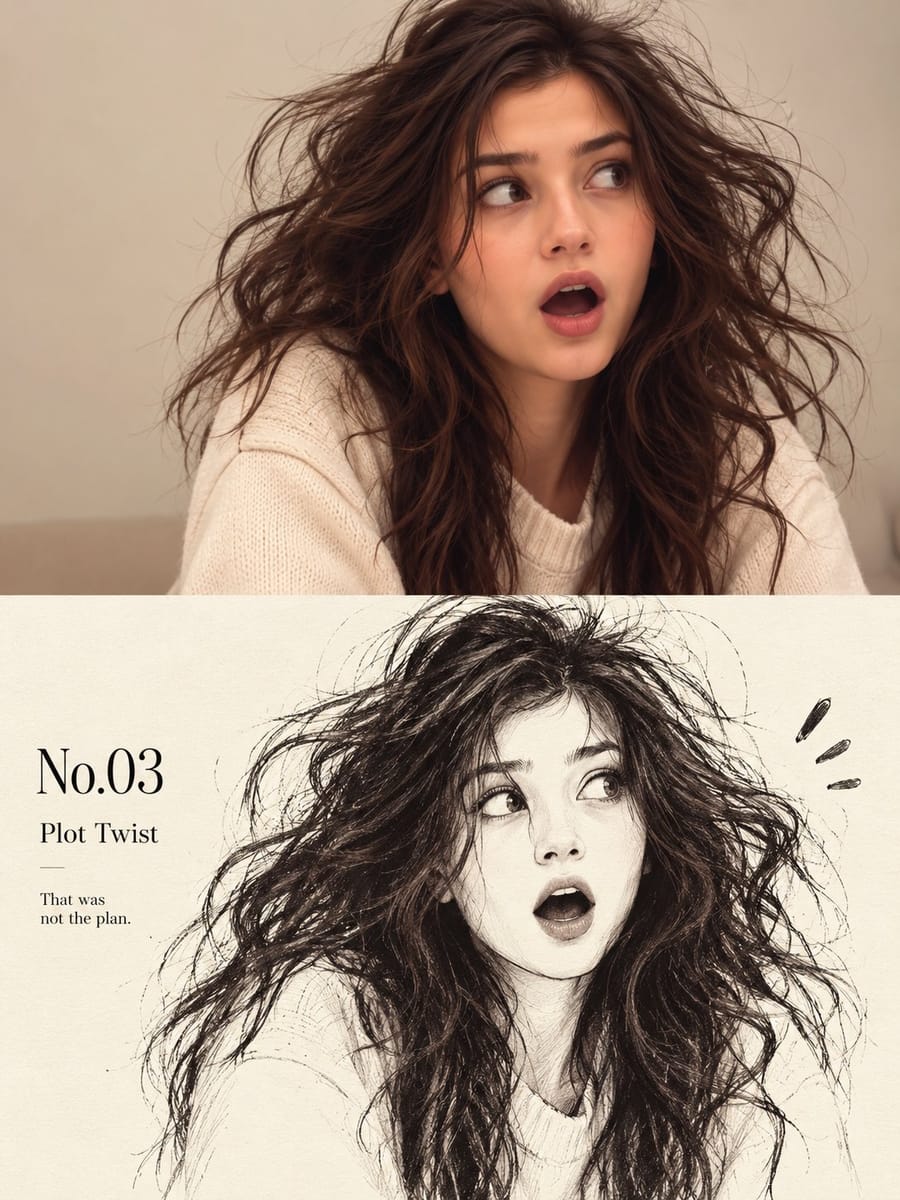 垂直分割女性肖像：写实摄影与手绘素描双重演绎