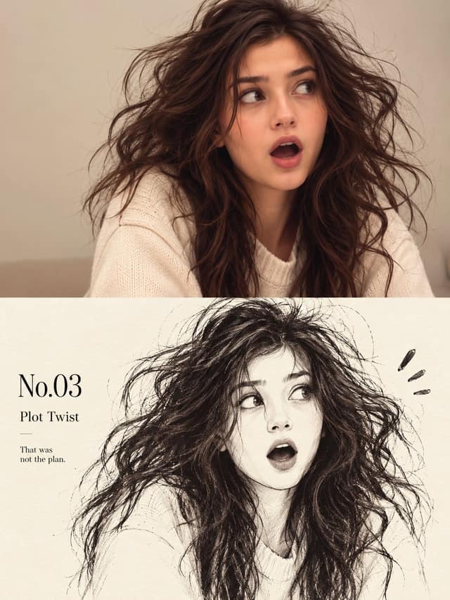 نمونهٔ 垂直分割女性肖像：写实摄影与手绘素描双重演绎