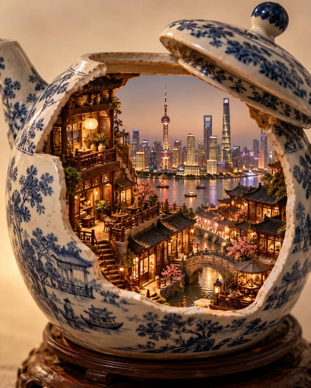 نمونهٔ 超现实微缩建筑世界物体转化摄影提示词