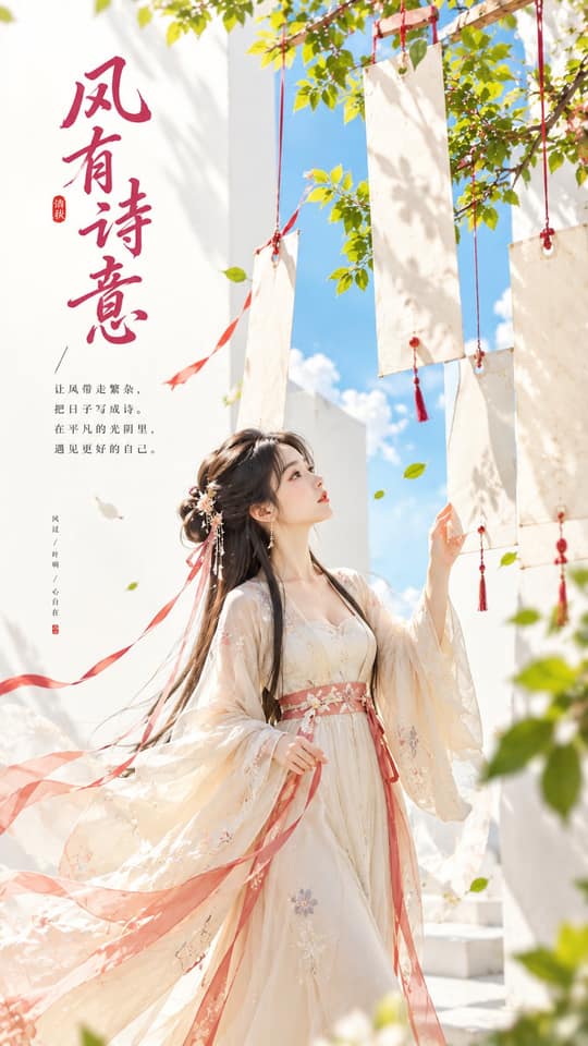 نمونهٔ 东方禅意极简古风女子诗笺封面｜9:16竖版留白海报提示词