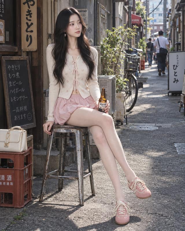 نمونهٔ 奶油色玫瑰刺绣开衫×淡玫瑰泡泡裙甜美穿搭